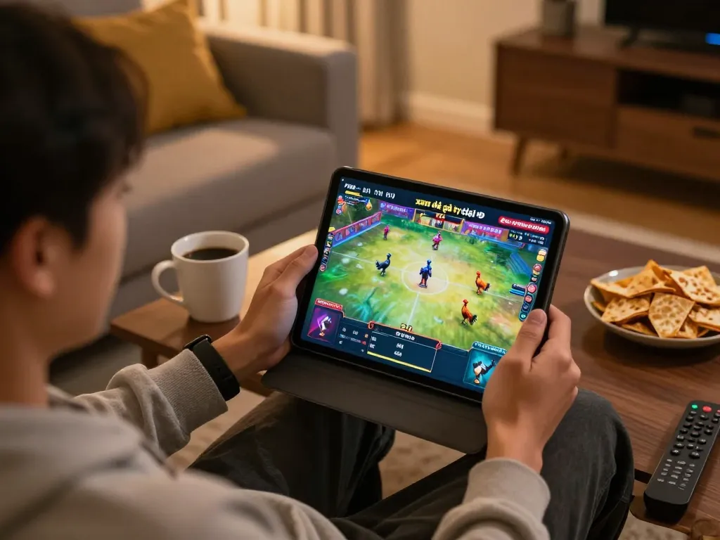 Xem đá gà trực tiếp HD trên máy tính bảng trong không gian ấm cúng, thể hiện bầu không khí trò chơi trực tuyến sống động.