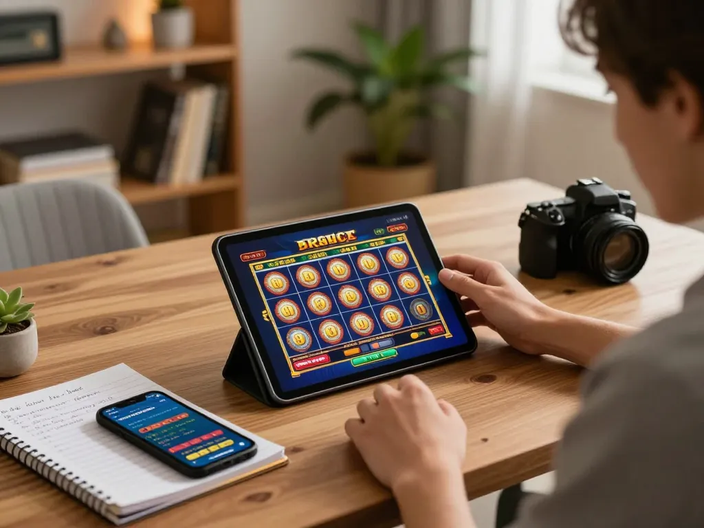 Securely visit website for online gaming strategies while enjoying a tablet slot game in a cozy setting.