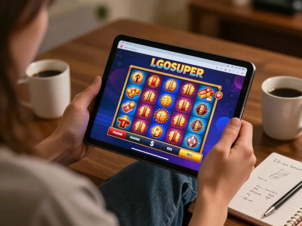 Player experiencing LGOSUPER online slots on a tablet in a cozy home setting.