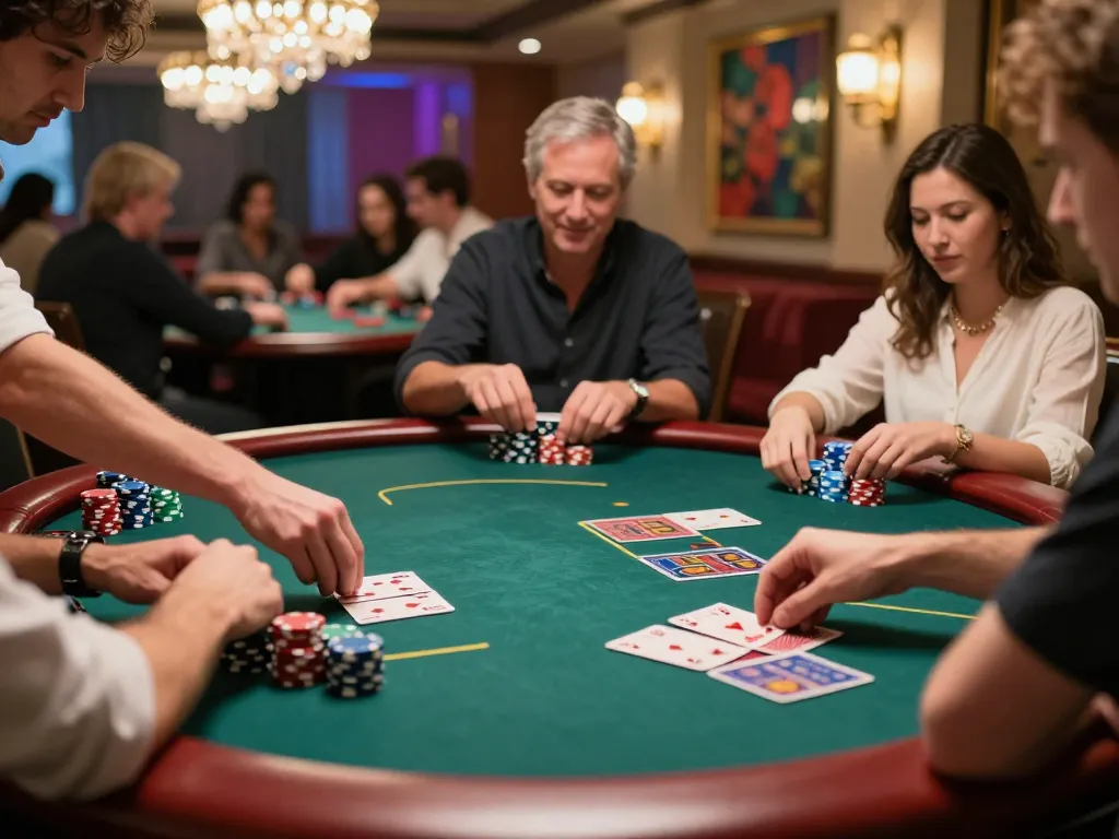 Players engage in a strategic poker game at a luxurious casino table, showcasing SC88 gameplay excitement.