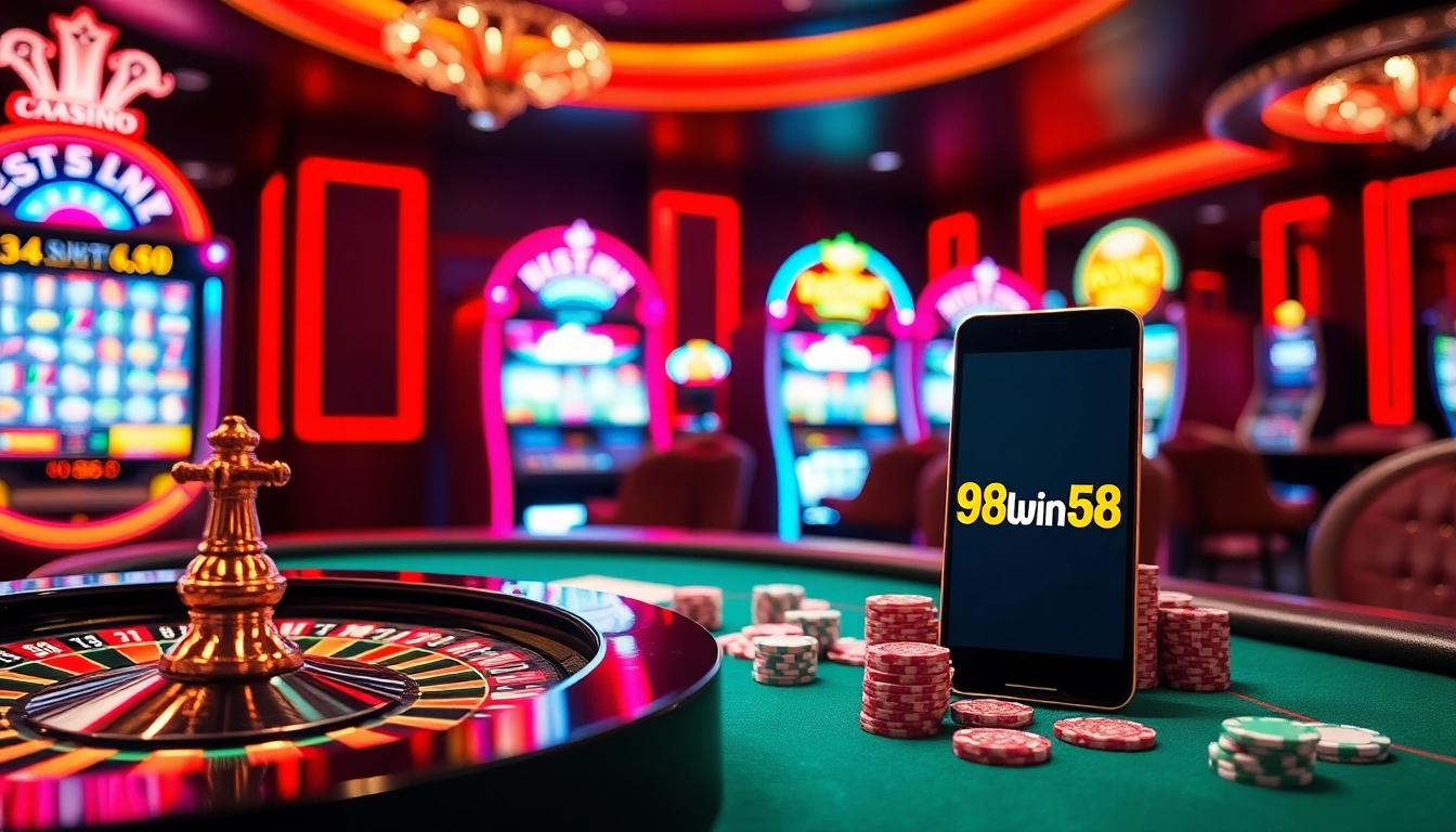 Experience the thrill of gambling with 98win58 at an exciting casino scene full of poker chips and a roulette wheel.