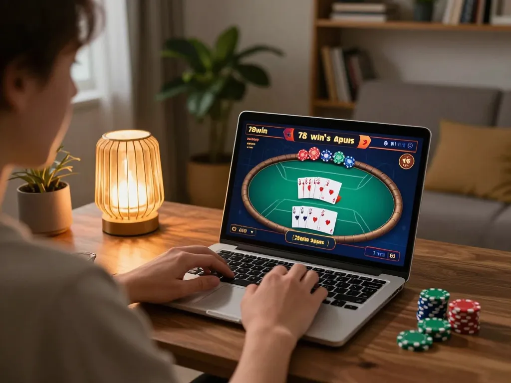 Player engaging in 78win poker game on laptop in cozy home setting.