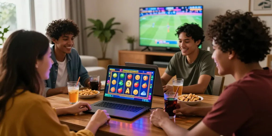 Friends enjoying an engaging pajaktoto slot gaming session in a lively living room.