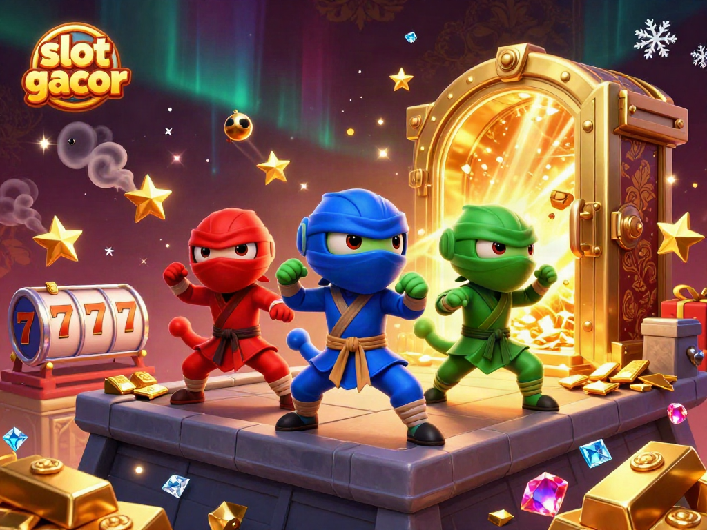 Engage with slot gacor excitement as ninja chameleons showcase martial arts amidst jackpot symbols and treasure.