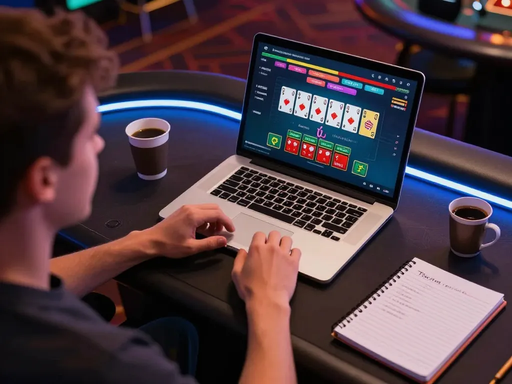 Engaged player strategizing blackjack at Canada online casinos, laptop displaying live dealer action.