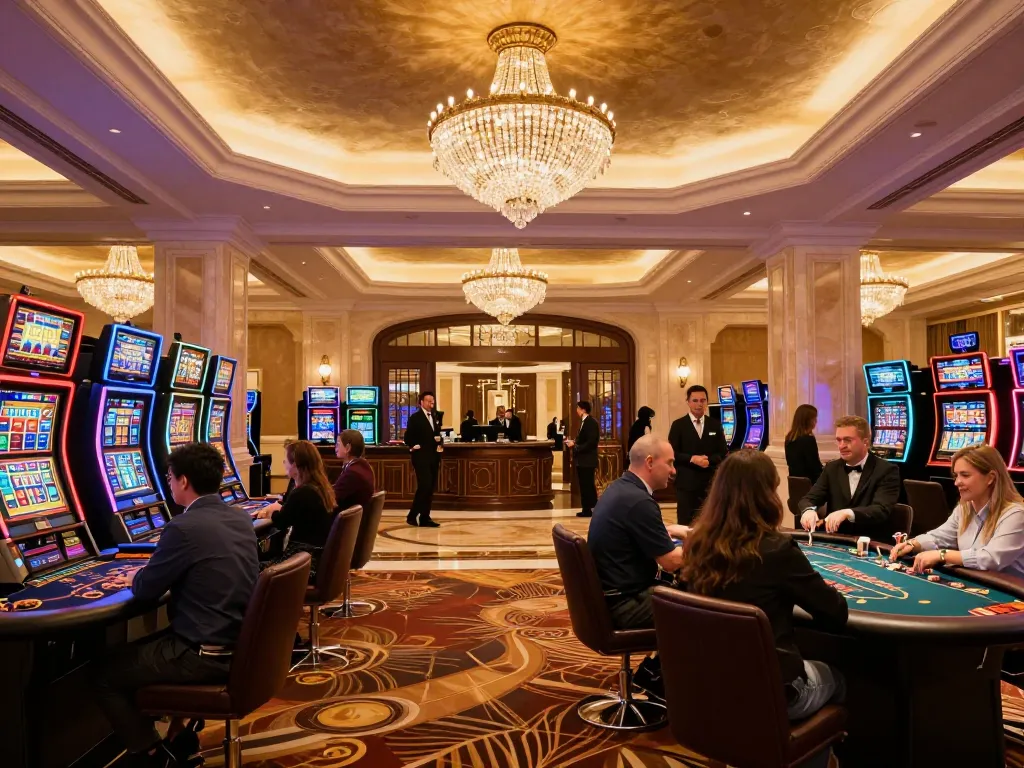 Fabet patrons enjoying a vibrant casino atmosphere with tables and slot machines.