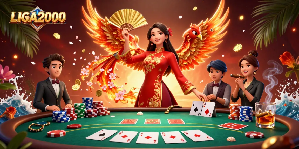 LIGA2000 menampilkan suasana kasino yang hidup dengan seorang wanita dalam ao dai dan seekor phoenix di antara poker dan koin emas.