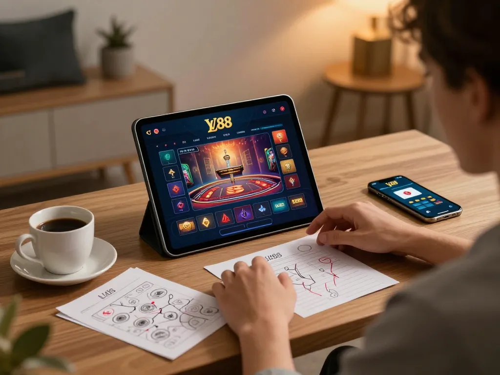 Engaging with LV88's online casino gaming interface while strategizing at home.