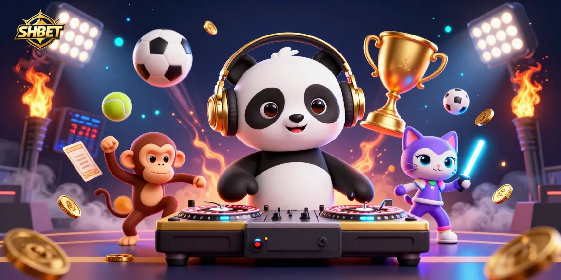Experience winning at SHBET with a vibrant 3D digital illustration featuring casino-themed characters and gaming elements.