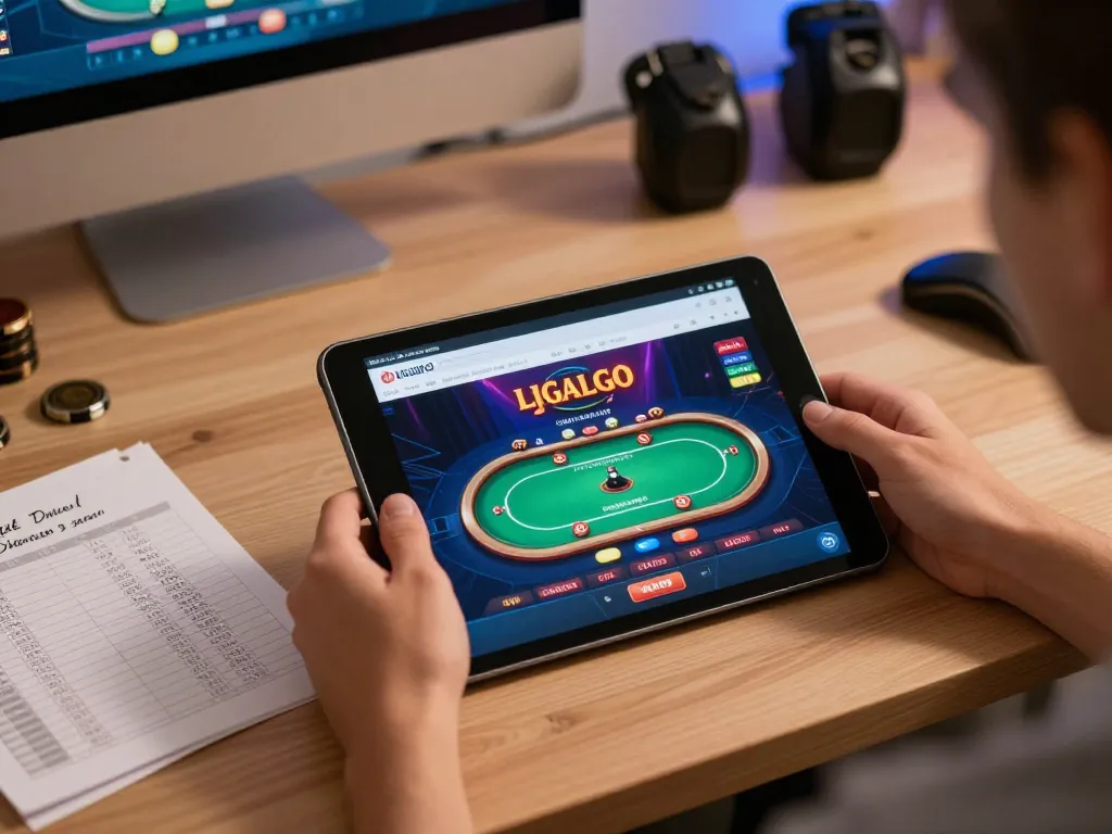 LIGALGO user engaging in strategic online poker gameplay from a cozy home setup