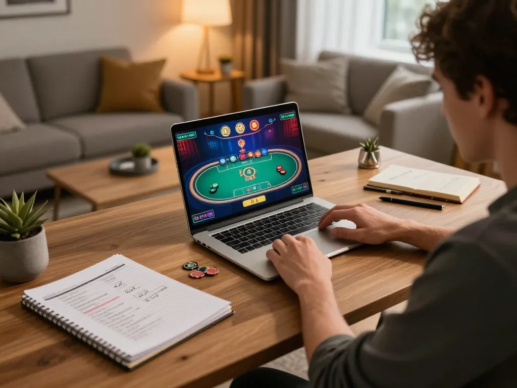 Cloud-africa online gaming scene with a player mastering poker strategies at home.