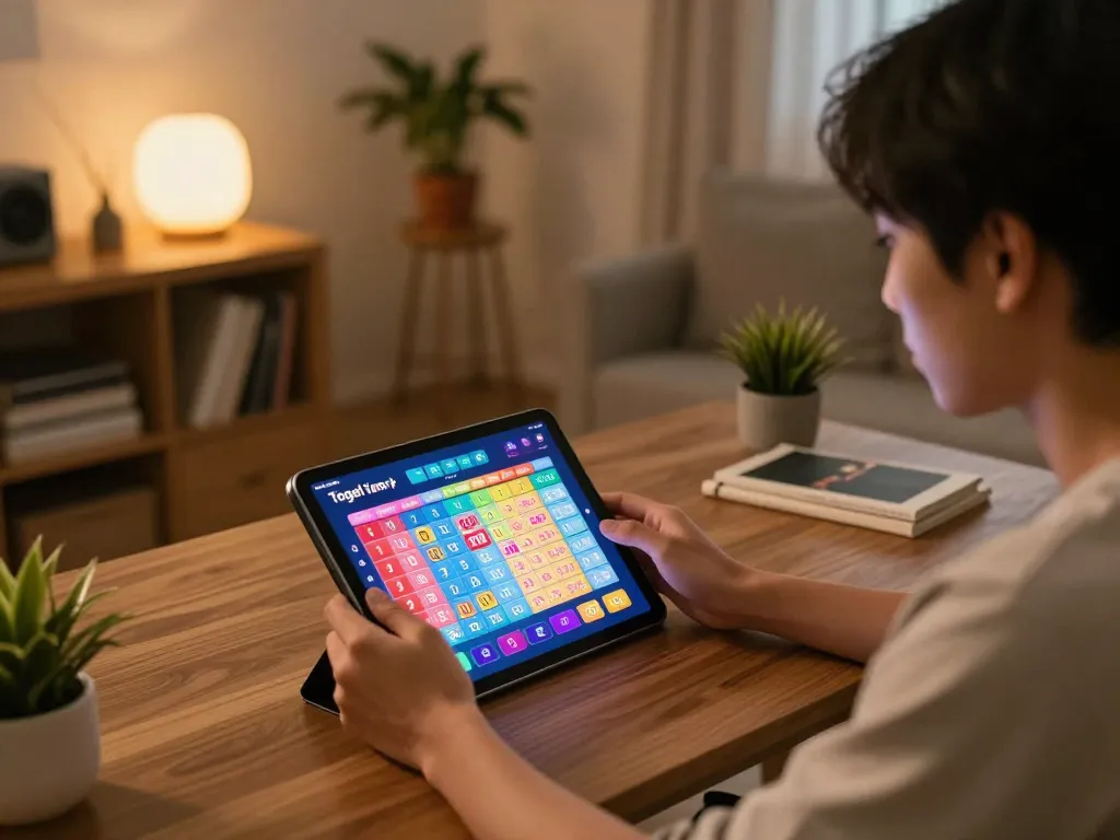 Engaging with togel online through a tablet in a cozy home setting for dynamic gaming experience