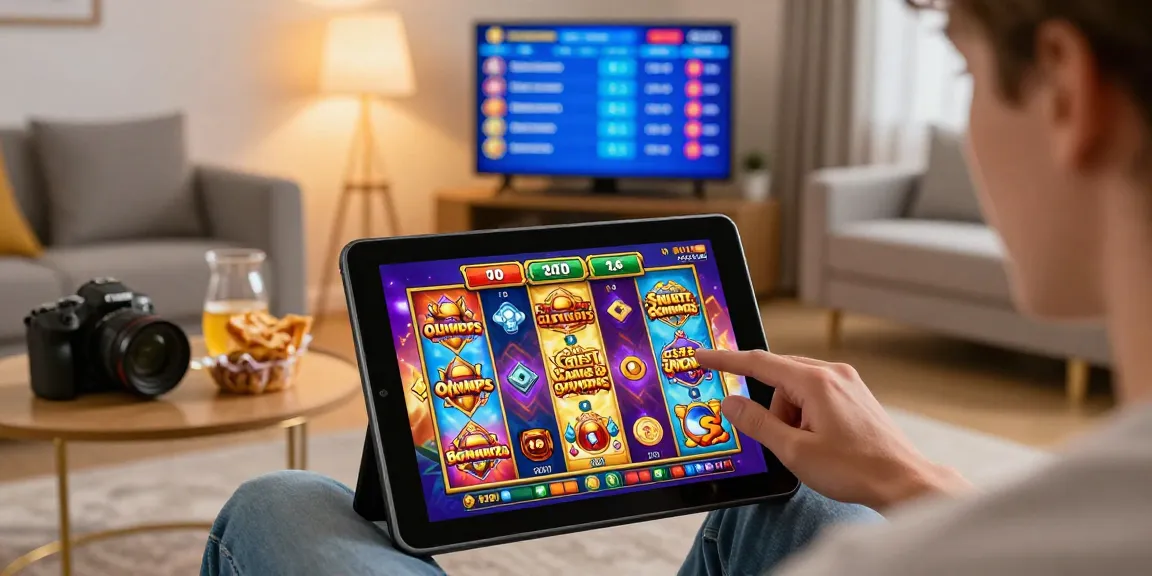 Engaging player exploring demo slot games on a tablet, showcasing popular titles and virtual credits.