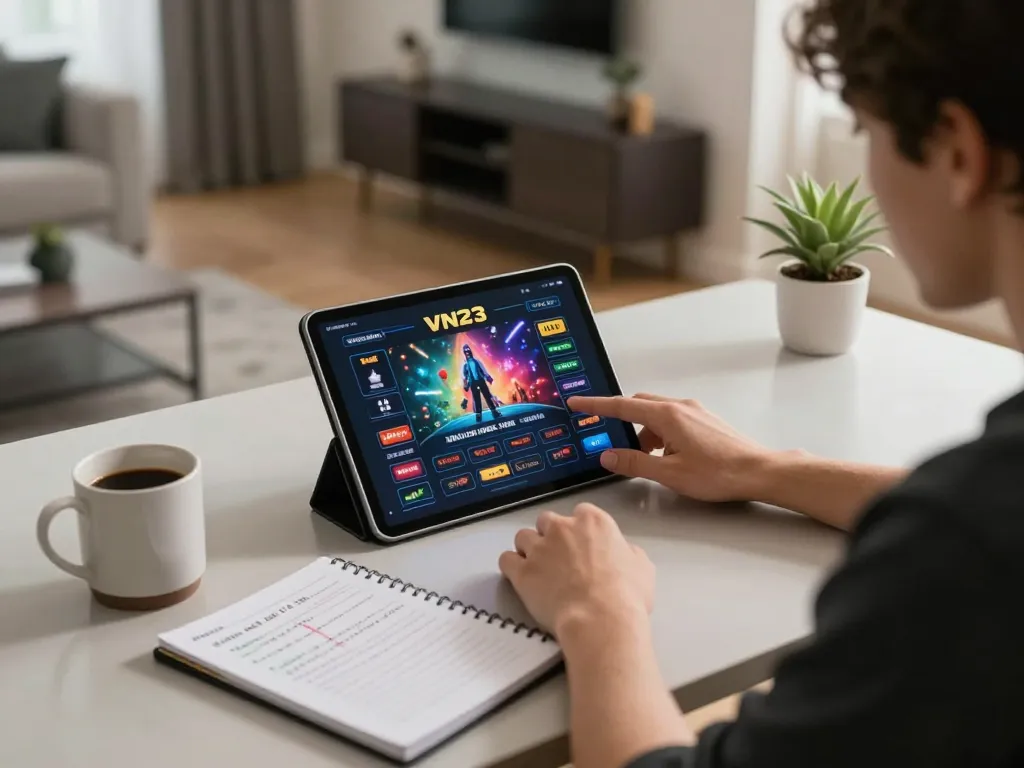 Person enjoying online betting on VN23 casino app at home, showcasing modern gaming setup