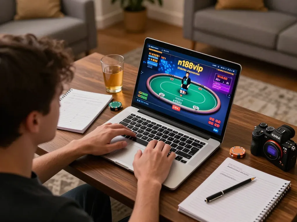 Engaging with n188vip online poker table, showcasing an immersive user experience in a cozy home setting.