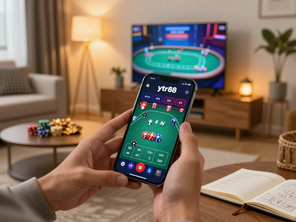 Playing ytr88 casino game on mobile while enjoying a cozy home setting.