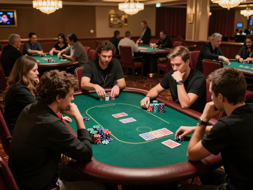 SC 88 poker players strategizing their bets at an upscale casino table