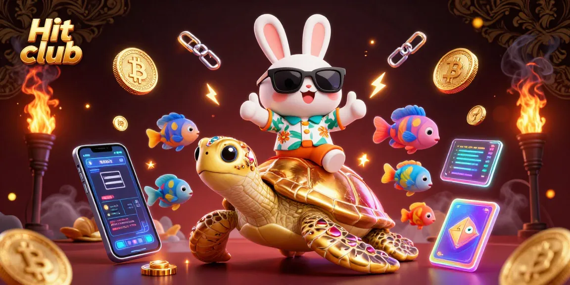 Experience thrilling wins at Hit club with our lucky rabbit and golden sea turtle celebrating surrounded by crypto elements.