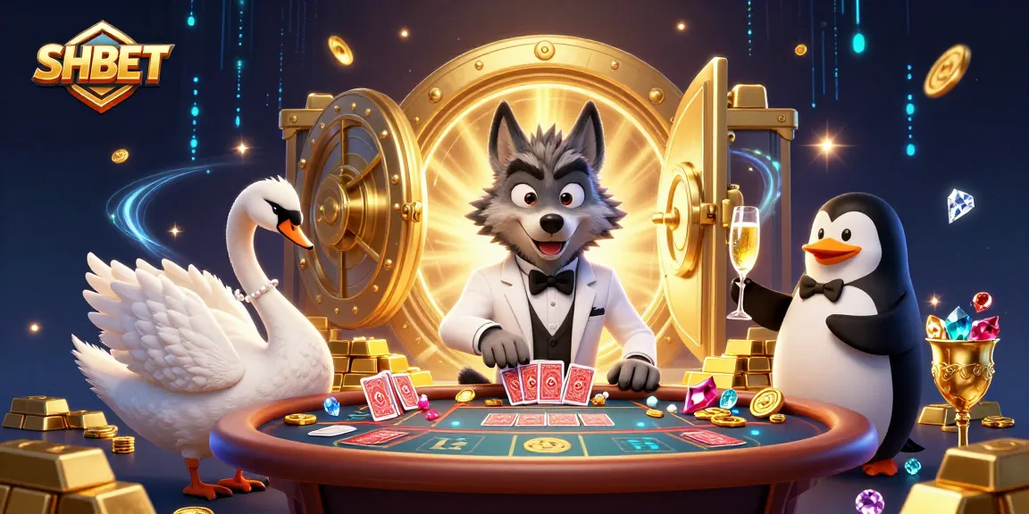 Experience thrilling gameplay at SHBET with a 3D wolf, swan, and penguin in a dynamic casino scene.