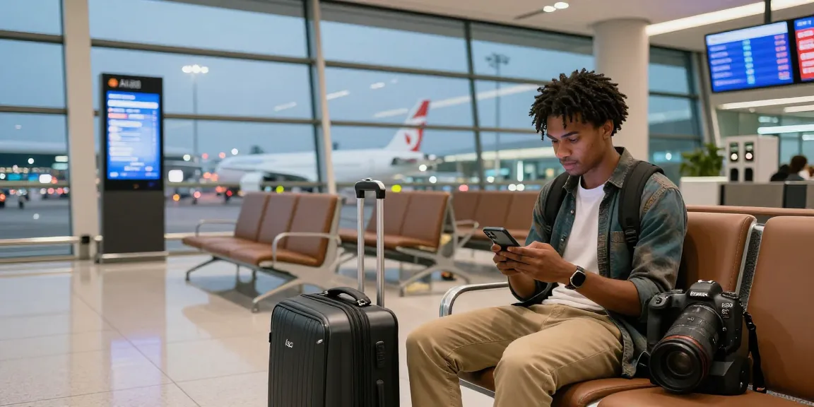 Passenger checking flight status for AA88 in airport lounge