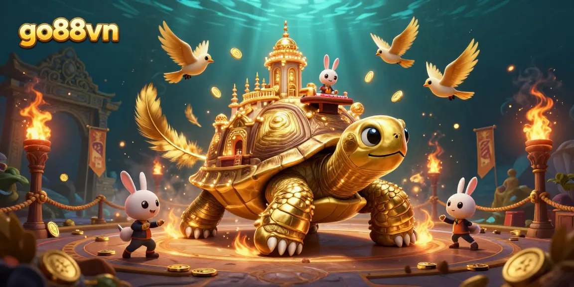 Engage with go88vn's vibrant casino scene featuring a golden tortoise, rabbit dealer, and golden coin action.