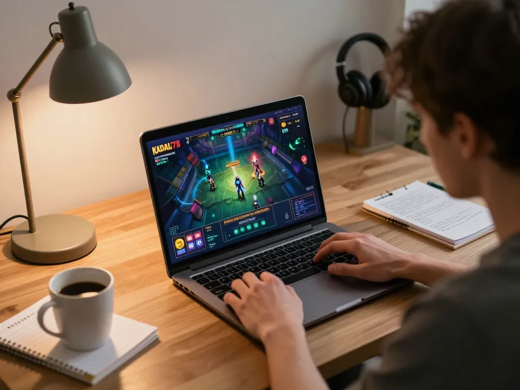 KADAL778 player engaging with interactive casino games on a modern laptop at home.