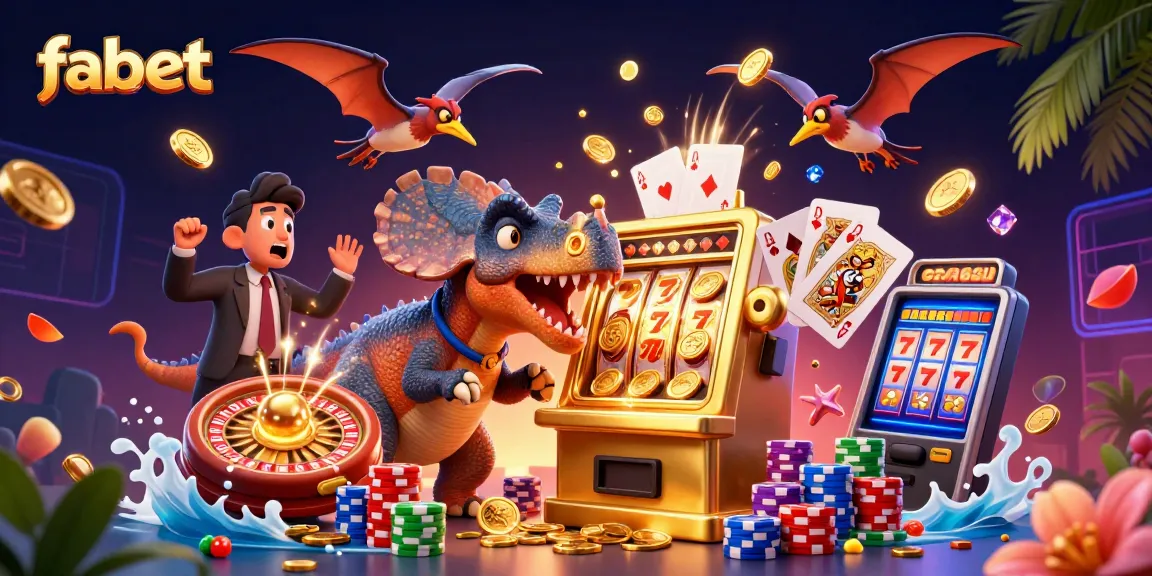 Experience fabet's thrilling casino adventure with cartoon dinosaurs winning jackpots and flying coins.