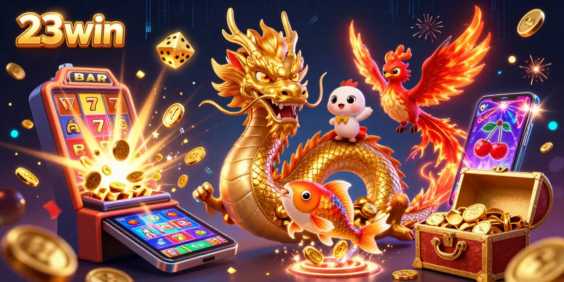 Experience thrills with 23win as golden dragon and phoenix shine over a jackpot slot machine.