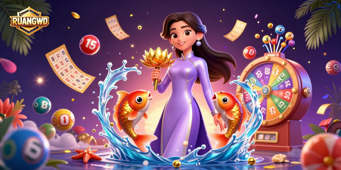 RUANGWD presents a vibrant online casino scene with an elegant woman, lottery elements, and golden koi fish.