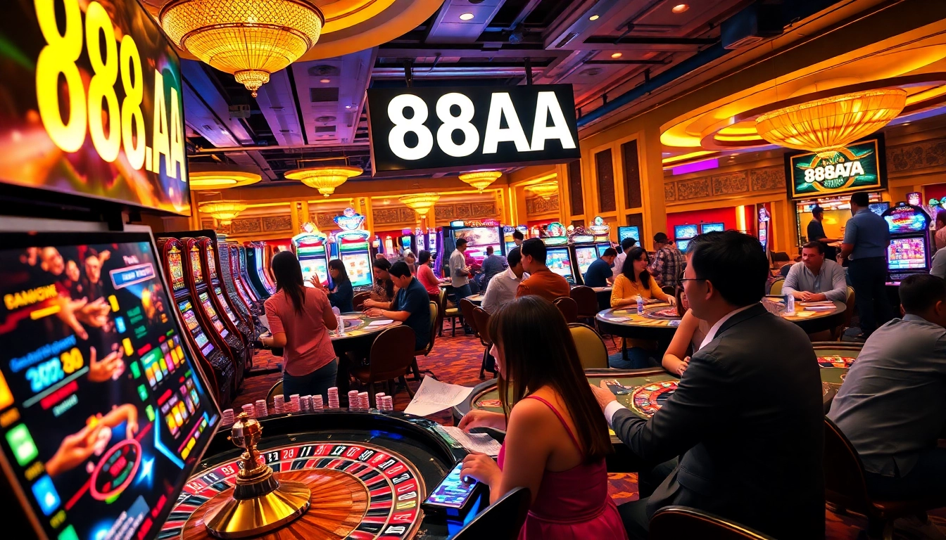 An engaging casino scene showcasing players enjoying games at 88aa with vibrant roulette and slot machines.