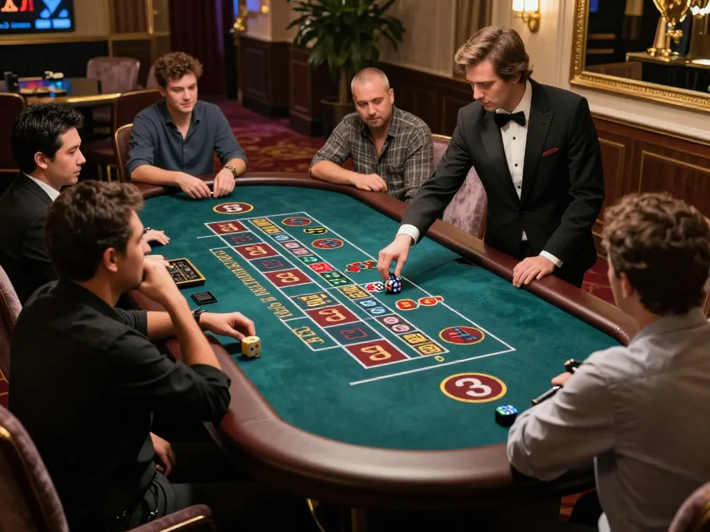 Exciting gameplay at a Sicbo table in a luxurious casino, showcasing the dynamic energy and immersive Kasino experience