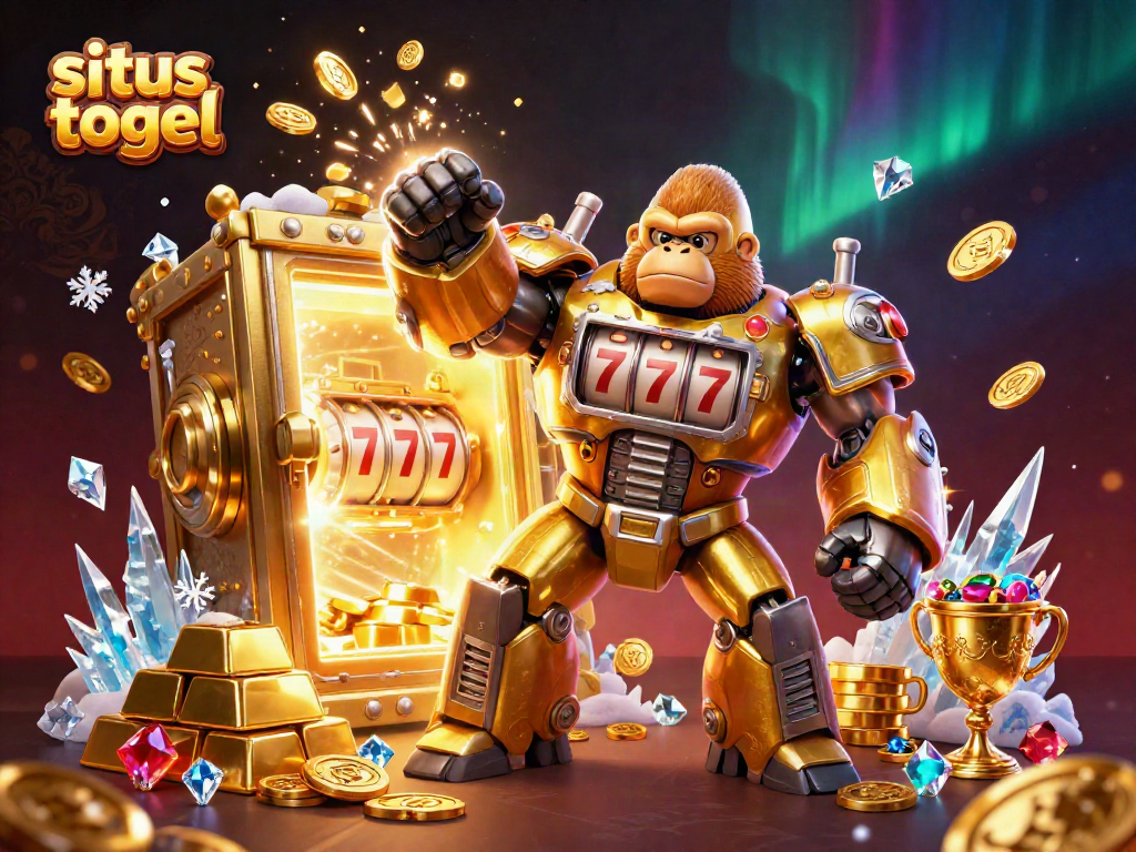 Experience situs togel excitement with a golden gorilla mech amidst treasure and gems.