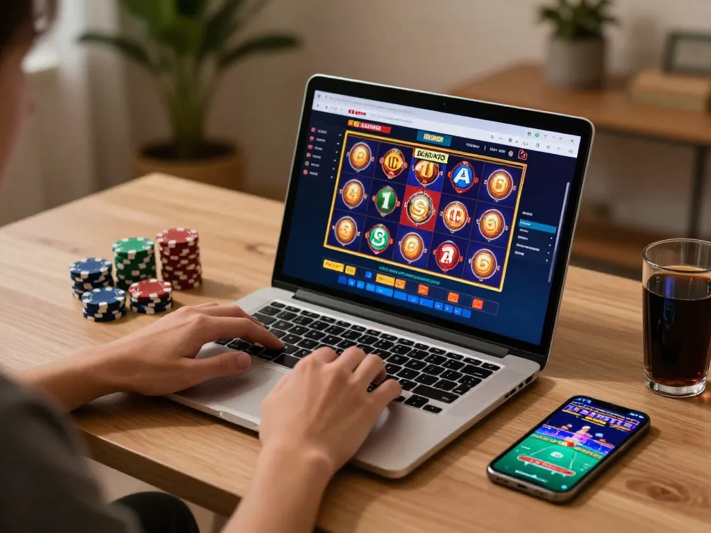 Engaging player enjoying IDC88JOKER online gaming session with vibrant slot graphics on laptop.