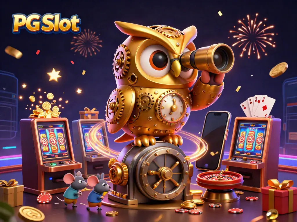 Engage with PG Slot’s immersive world featuring lively characters, slot games, and vibrant casino elements.