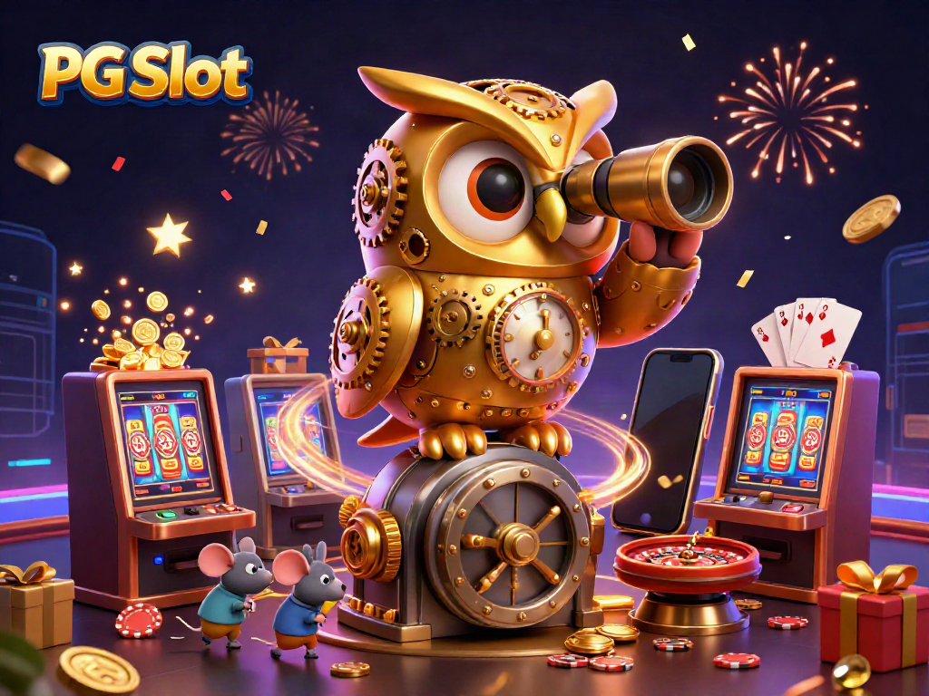 Engage with PG Slot’s immersive world featuring lively characters, slot games, and vibrant casino elements.