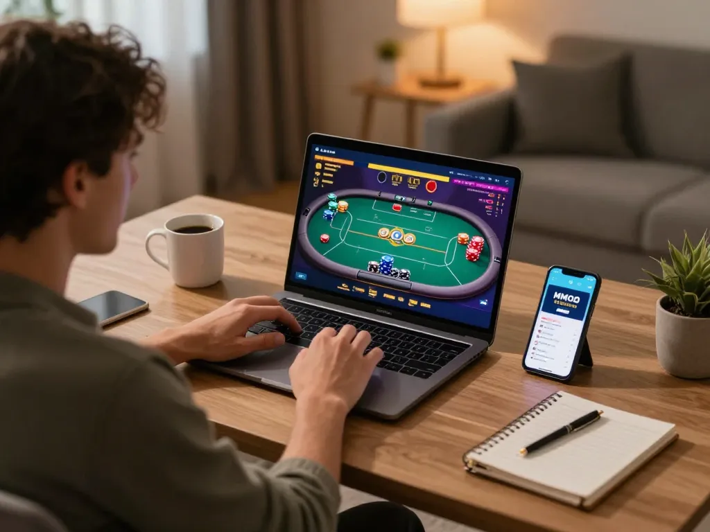 Engaged player enjoying MMOO online poker game at a modern home office.
