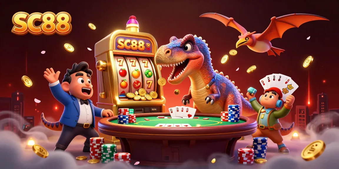 Catch jackpot coins in SC88 as a pachycephalosaurus hits a golden slot machine surrounded by poker elements