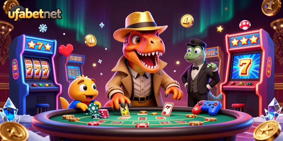 Experience thrilling blackjack action with ufabetnet as a velociraptor card counter amidst vibrant casino elements.