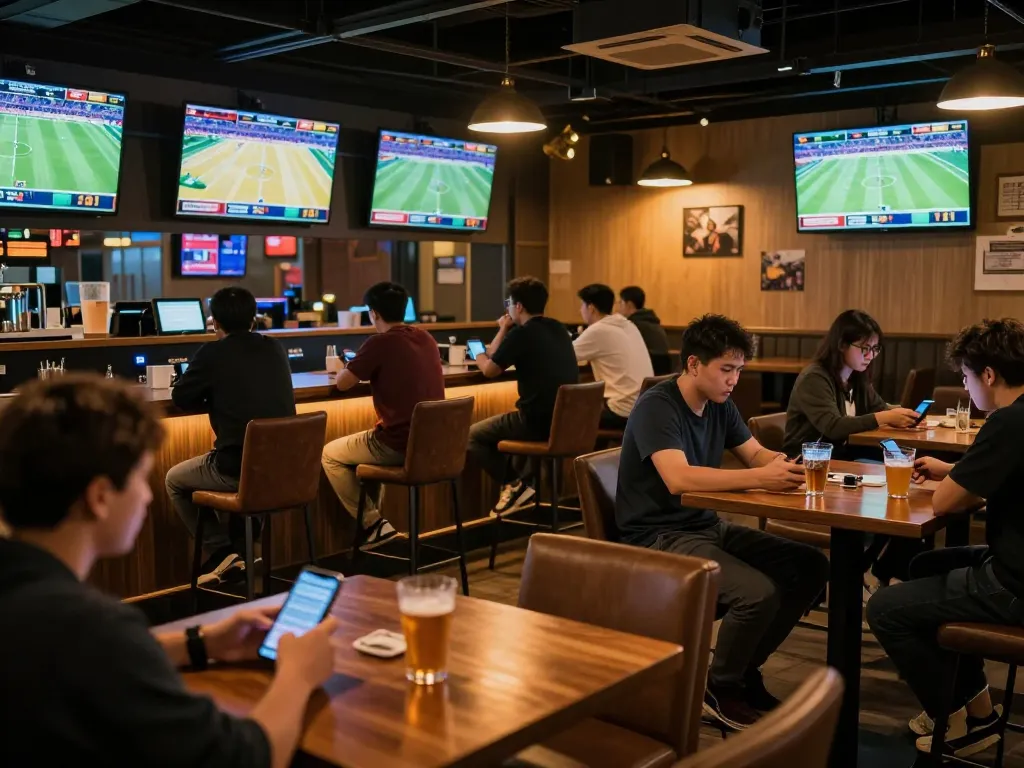 Sports fans using Nowgoal app to track live scores and place bets in an energetic sports bar environment.