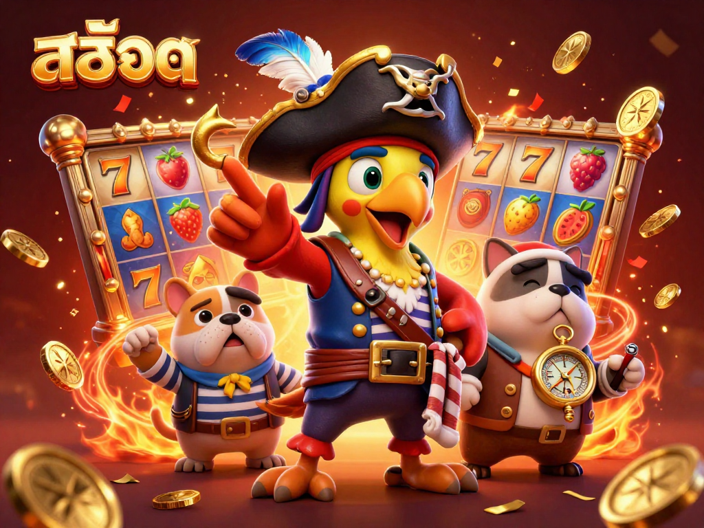 Engage in exhilarating สล็อต action with vibrant slot reels and celebrating pirate characters in a colorful casino scene.