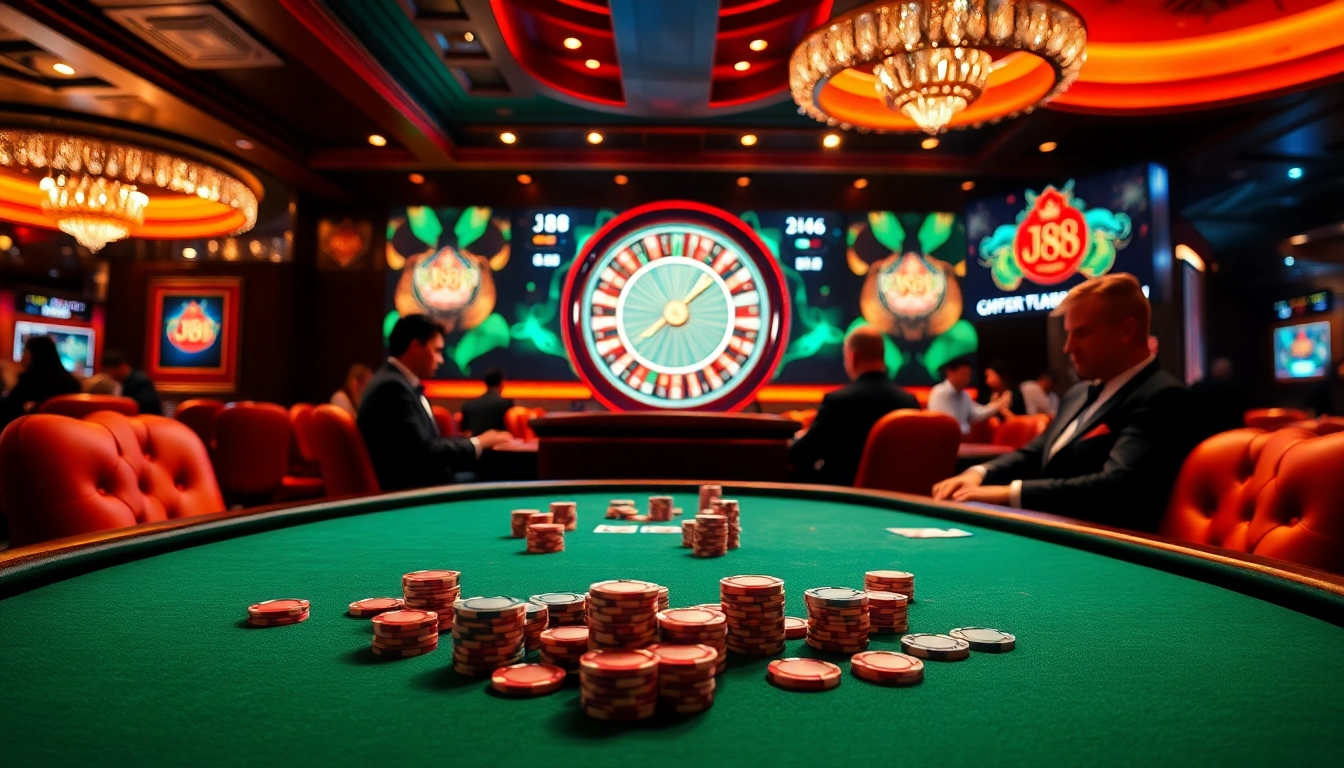 Players engaging in a high-stakes j88 poker game at a luxurious casino table.