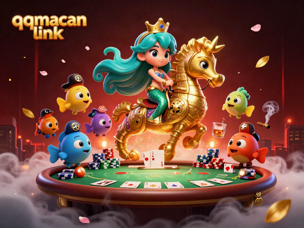 Memenangkan taruhan dengan qqmacan link saat bermain poker sambil dikelilingi karakter kartun yang menarik.