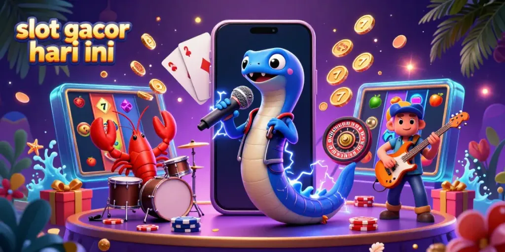 Permainan slot gacor hari ini dengan ikan listrik DJ dan band musik di panggung kasino bawah laut.
