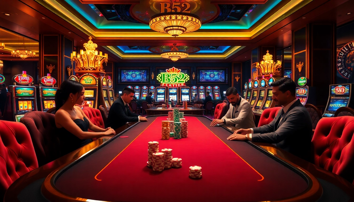B52 game table surrounded by excited players in a vibrant casino atmosphere.