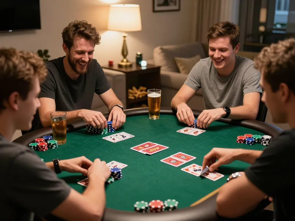 Suasana malam poker yang menarik dengan teman-teman bermain di sekitar meja, menampilkan permainan yang fokus terinspirasi oleh https://www.saigoncafesterling.com/menus