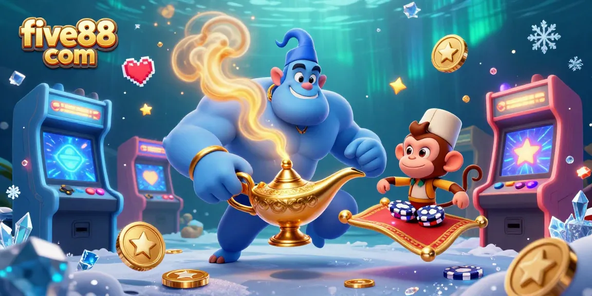 Experience excitement at five88 com with a magical casino scene featuring a genie, flying carpet, and poker chips.