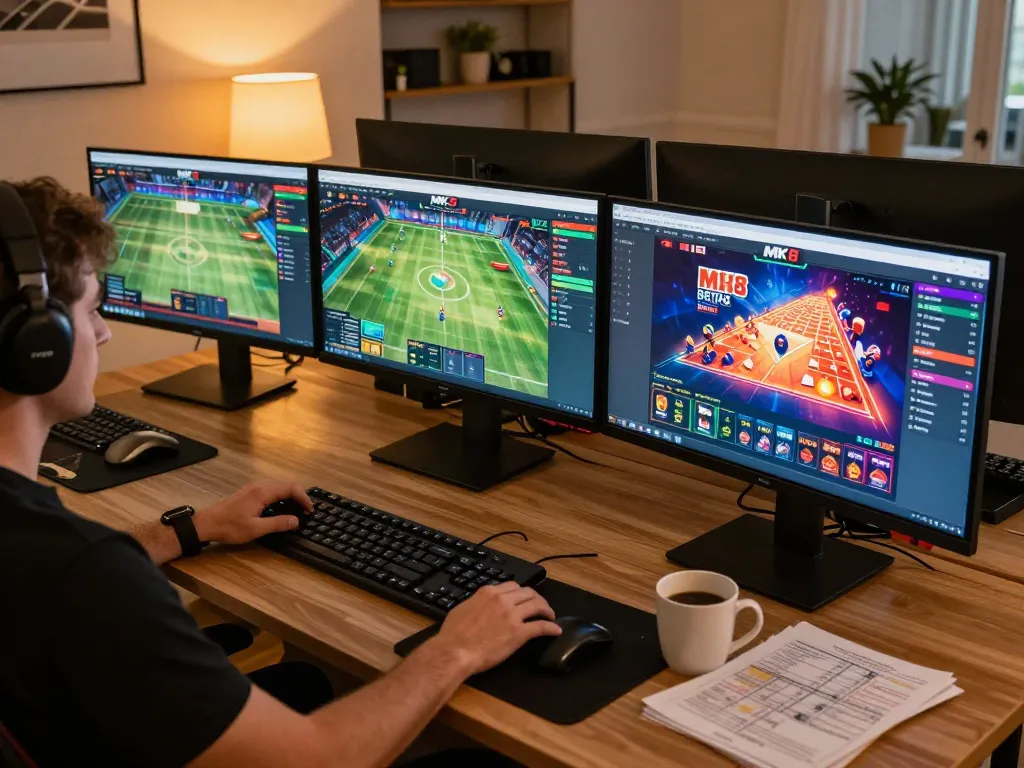Engaging online gaming session on MK8 platform with immersive display and comfortable setup.