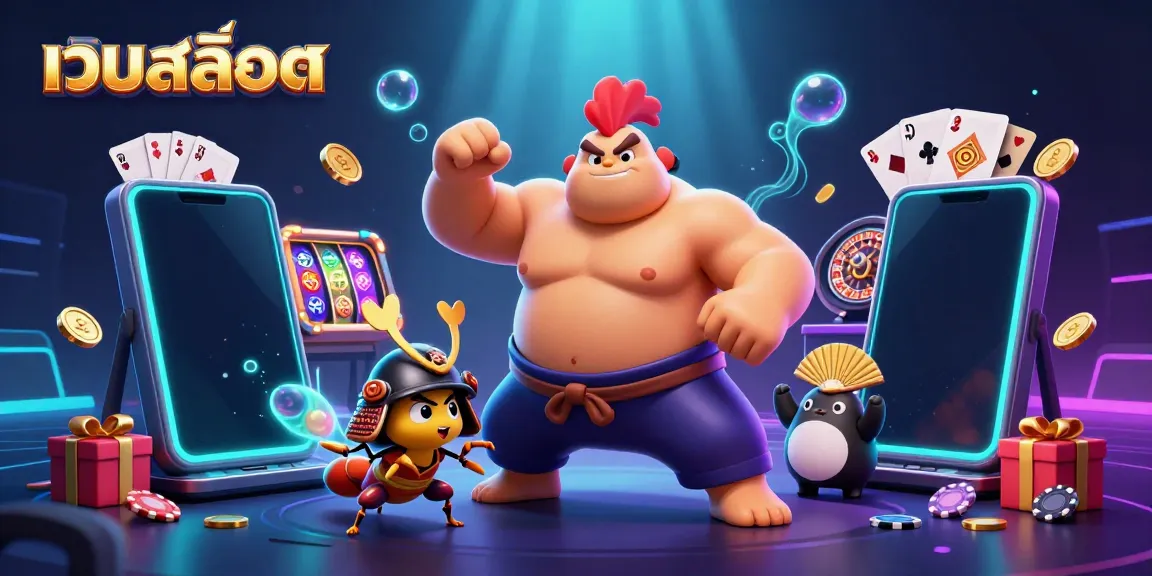 Witness the dynamic action of 'เว็บสล็อต' with a powerful sumo rooster, a fierce samurai cricket, and a tanuki announcer in a vibrant casino scene.
