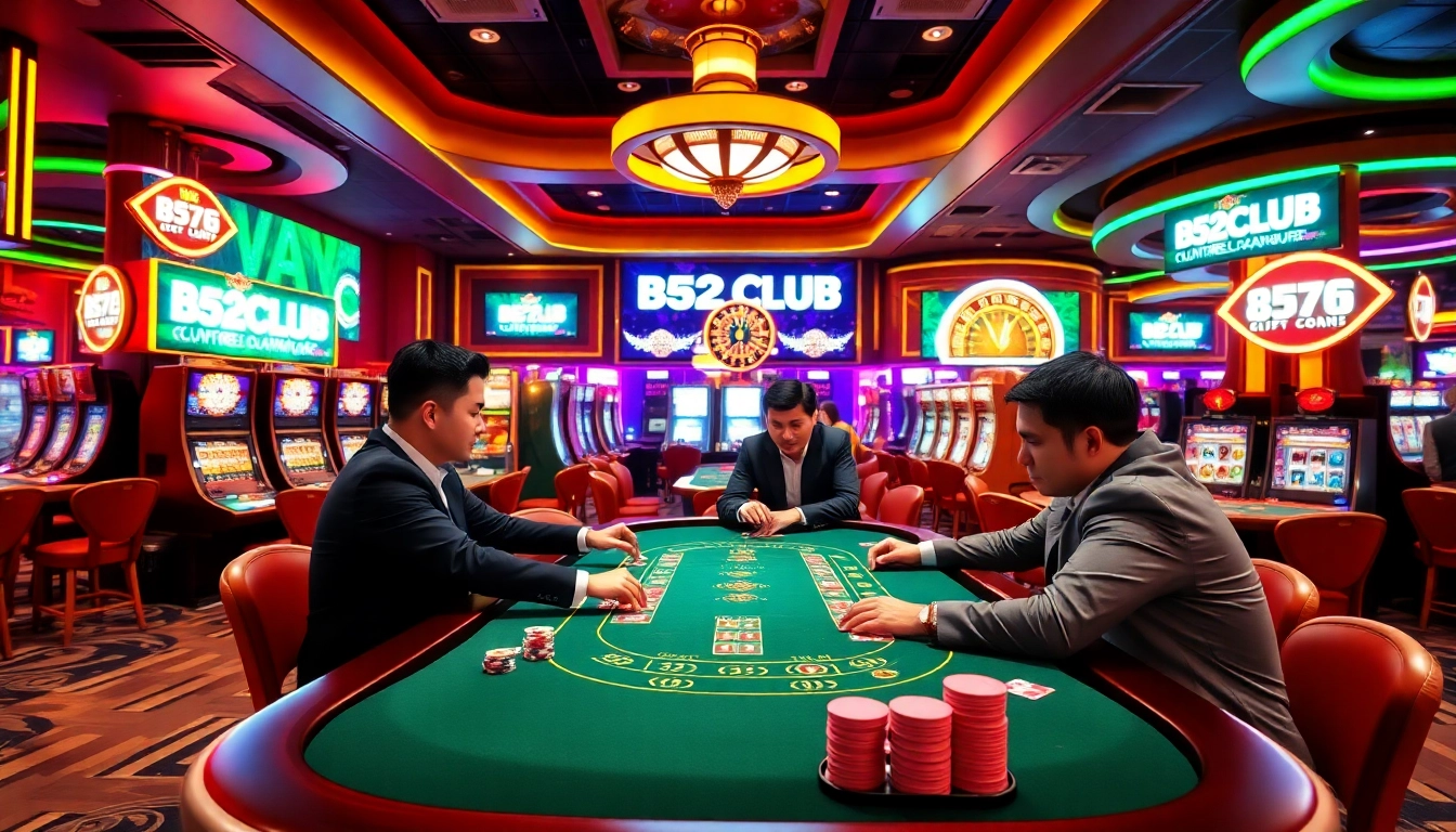 B52CLUB players enjoying a thrilling poker game in a luxurious casino setting.