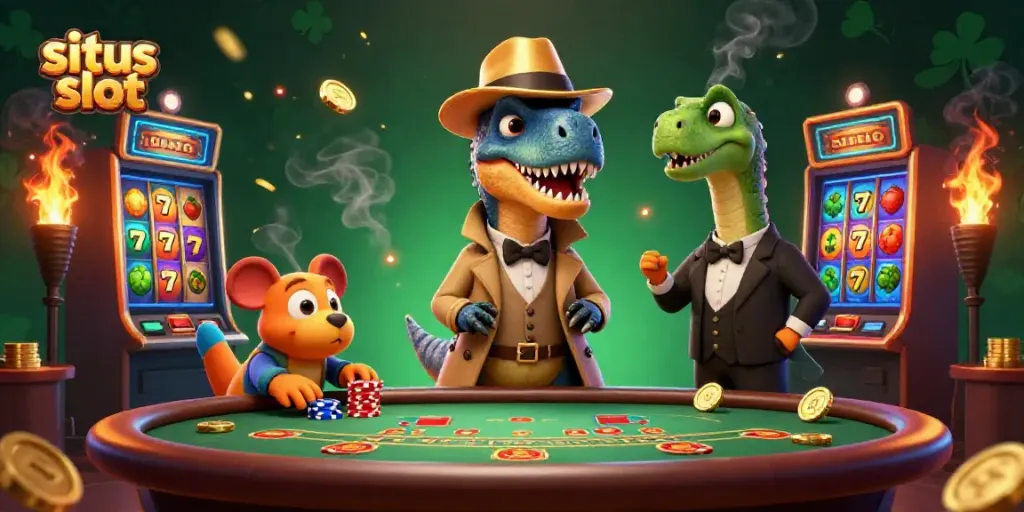 Memainkan situs slot dengan velociraptor dan stegosaurus di meja kasino, penuh dengan elemen slot.